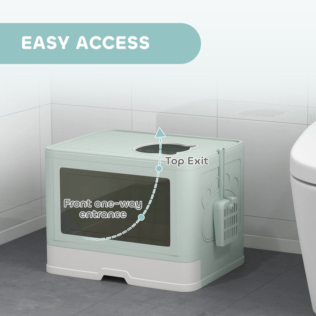 PawHut Cat Litter Box, Front Enter & Top Exit Cat Litter Tray with Scoop, Pull-out Tray, Easy to Clean, Green