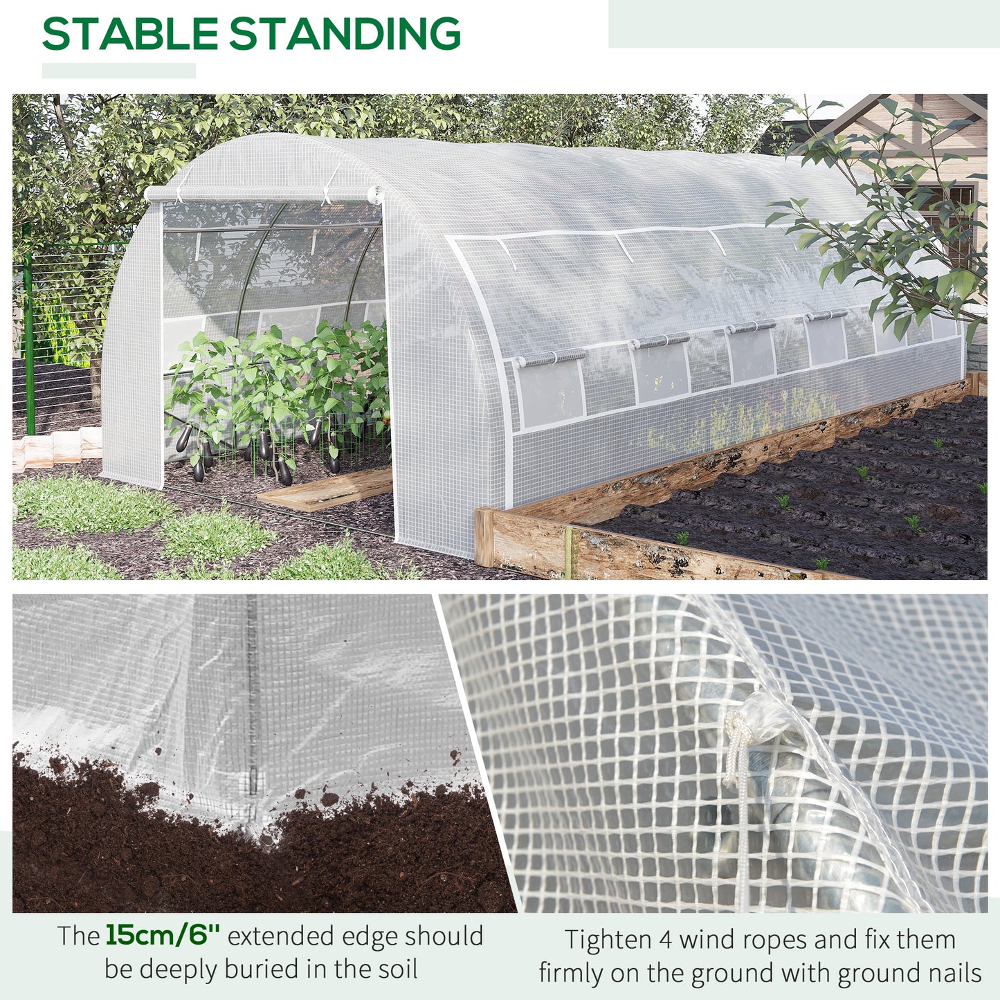 Outsunny Large Walk-in Greenhouse, 20'x10'x6.6' Tunnel Greenhouse with Zippered Door and 12 Roll-up Windows, Outdoor Green House for Garden Plant, White