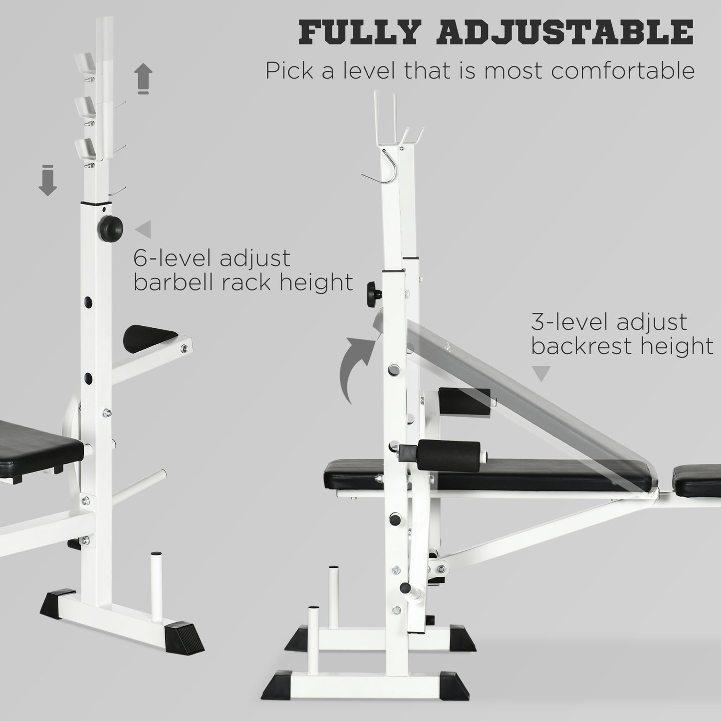 Soozier Bench Press Set Adjustable Weight Bench with Squat Rack, Preacher Curl Pad, Leg Developer and Weight Storage, White