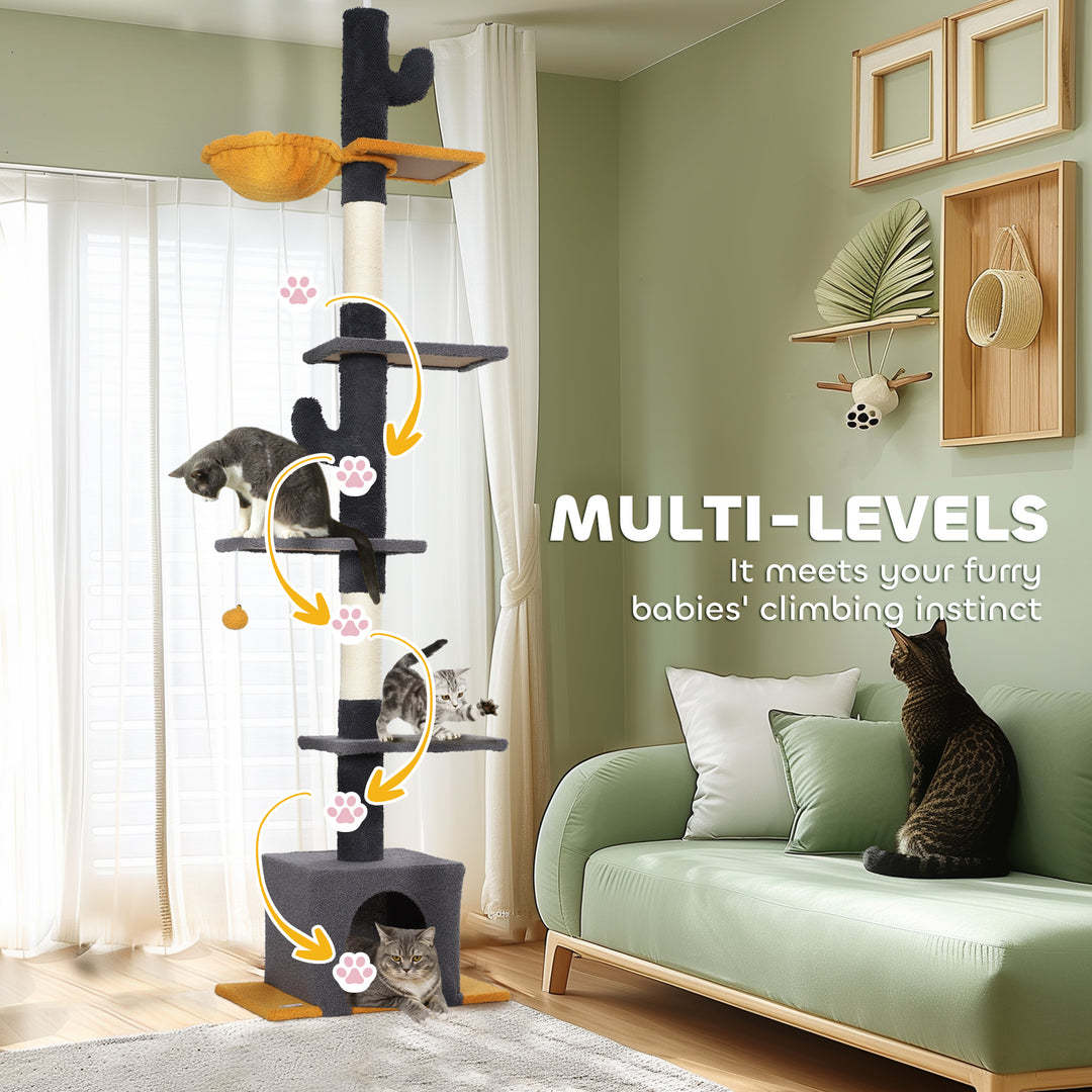 PawHut Floor to Ceiling Cat TreeTower with 90.5"-108" Adjustable Height, Scratching Posts, Hammock, Comdo, Toy Ball, Light Grey