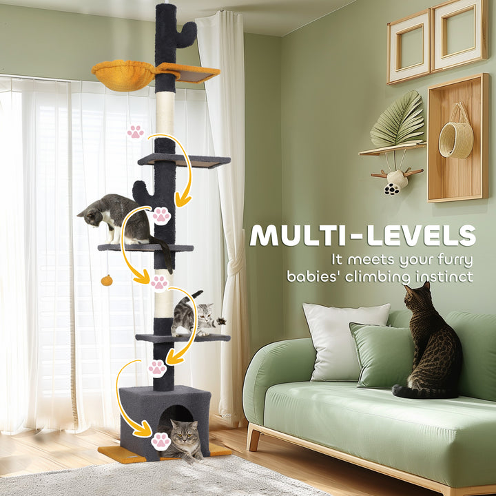 PawHut Floor to Ceiling Cat TreeTower with 90.5"-108" Adjustable Height, Scratching Posts, Hammock, Comdo, Toy Ball, Light Grey