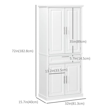 HOMCOM 72" Kitchen Pantry Cabinet, Freestanding Storage Cabinet, 4-Door Cabinet with Drawer and Adjustable Shelves, White