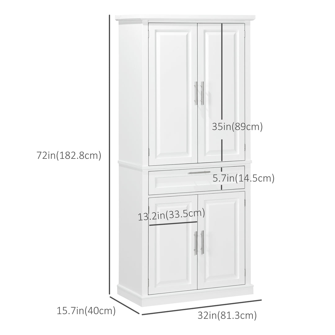 HOMCOM 72" Kitchen Pantry Cabinet, Freestanding Storage Cabinet, 4-Door Cabinet with Drawer and Adjustable Shelves, White