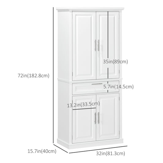 HOMCOM 72" Kitchen Pantry Cabinet, Freestanding Storage Cabinet, 4-Door Cabinet with Drawer and Adjustable Shelves, White