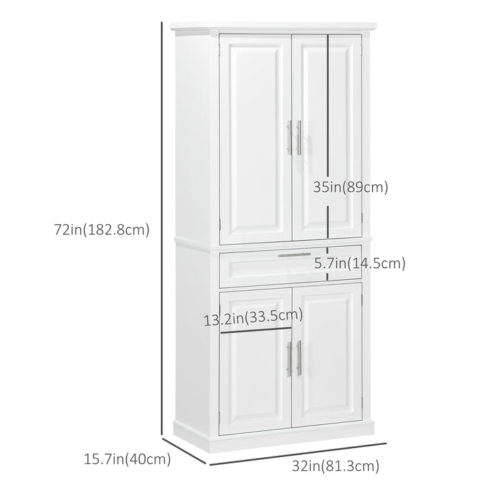 HOMCOM 72" Kitchen Pantry Cabinet, Freestanding Storage Cabinet, 4-Door Cabinet with Drawer and Adjustable Shelves, White