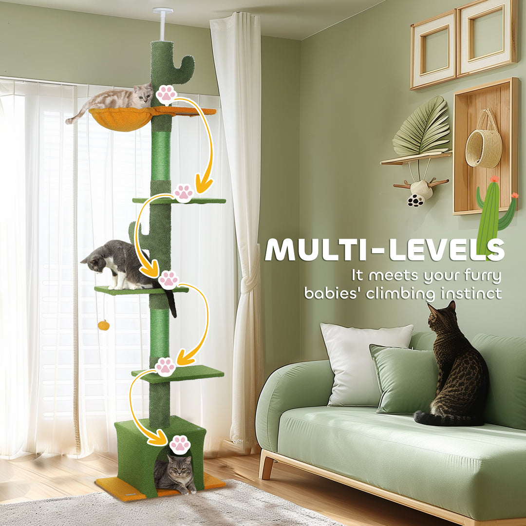 PawHut Floor to Ceiling Cat TreeTower with 90.5"-108" Adjustable Height, Scratching Posts, Hammock, Comdo, Toy Ball, Light Grey