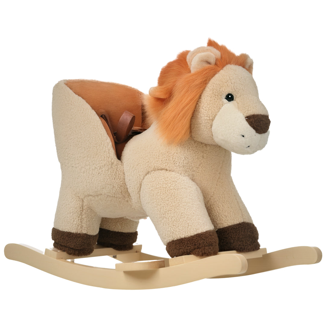 Qaba Baby Rocking Horse Lion Design Plush Stuffed Rocking Chair, Wooden Rocking Horse with Sound, Seat Belt for 18-36 Months Boys and Girls Gift, Brown