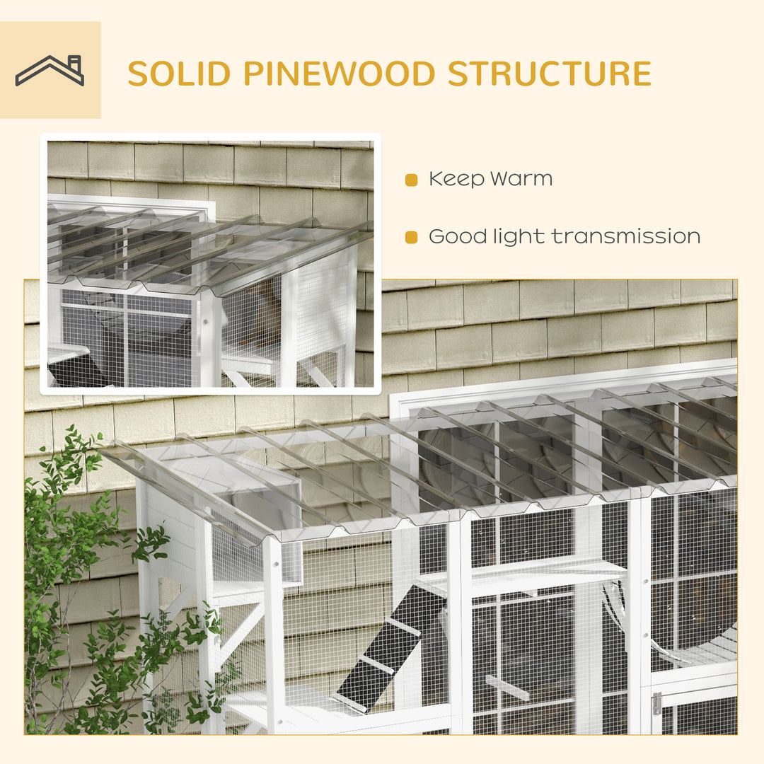 PawHut Large Outdoor Catio with Condos, Platforms, Doors, Ladders, Weather-Resistant Roof, Orange