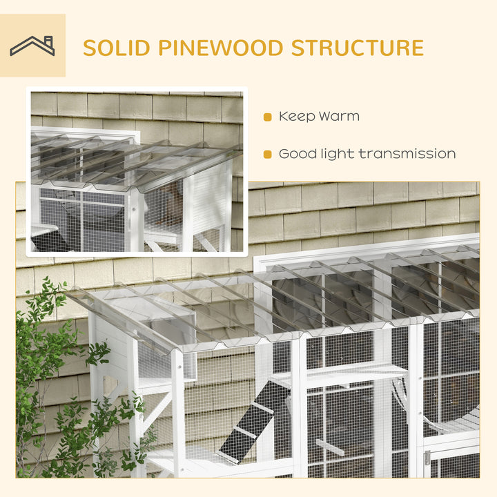 PawHut Large Outdoor Catio with Condos, Platforms, Doors, Ladders, Weather-Resistant Roof, Orange
