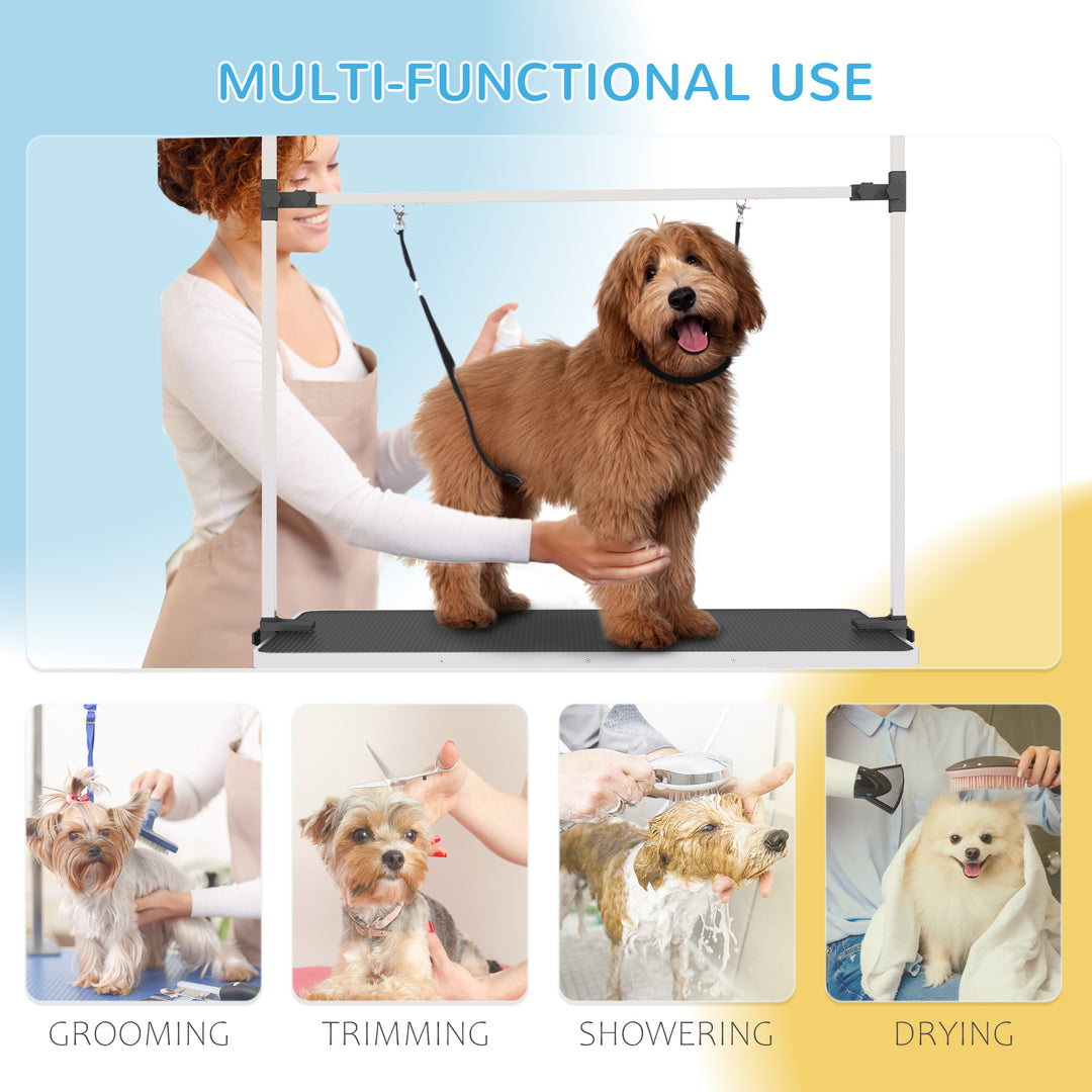 PawHut Adjustable Dog Grooming Table with 2 Safety Slings, Storage Basket, Blue