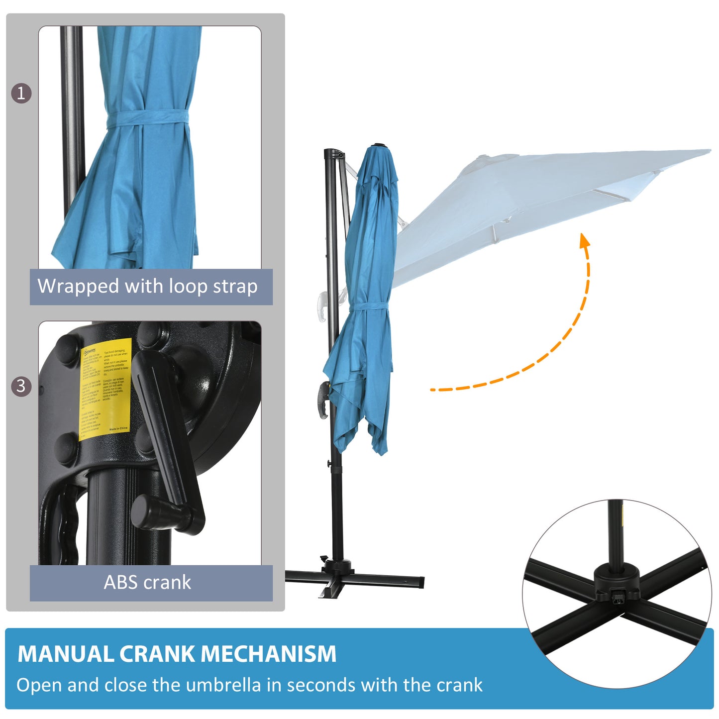 Outsunny 8' x 8' Square Patio Hanging Offset Umbrella with 360Â° Rotation, Aluminum Outdoor Cantilever Parasol with Crank & Tilt, Sun Canopy Shelter with Cross Base, Dark Blue