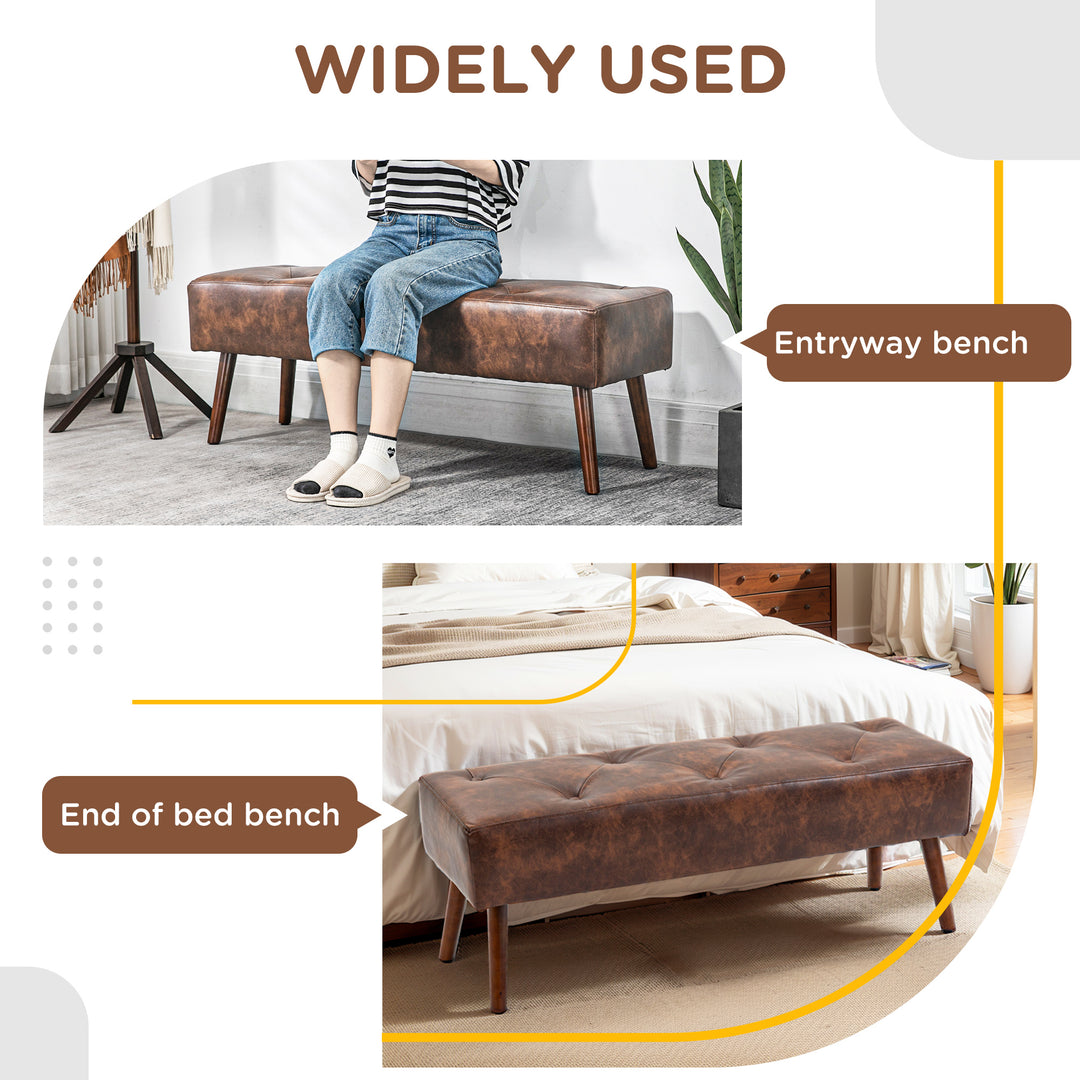 HOMCOM Bedroom Bench, End of Bed Bench with Button Tufted, PU Leather Upholstered Entryway Bench with Wood Legs, Brown