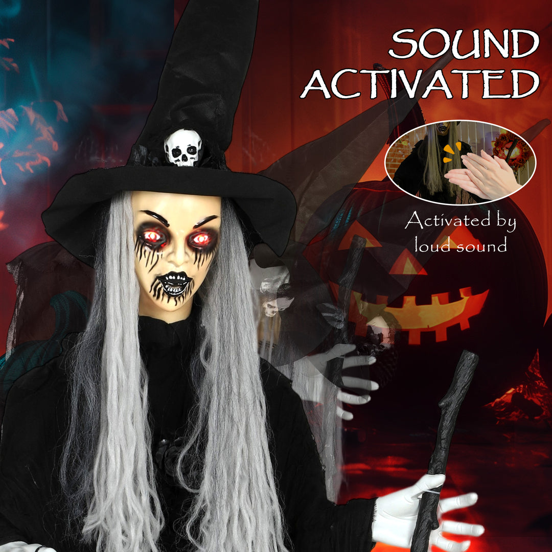 Outsunny Animatronics Standing Witch, Voice-Activated Prop, Sound Activated Moving Head & Flashing Eyes, Easy Setup Indoor, Black