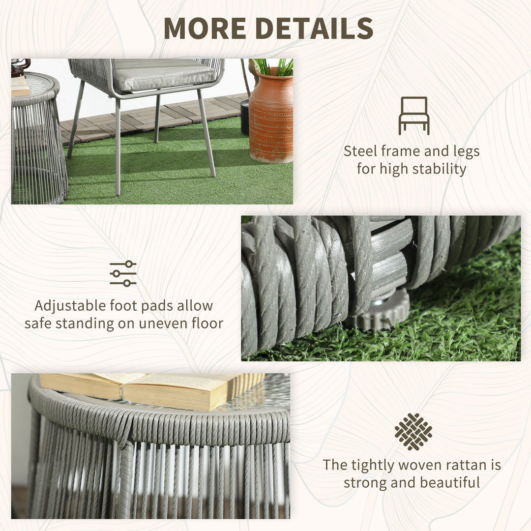 Outsunny 3 Piece Outdoor Patio Bistro Set, Wicker Rattan Furniture with Metal Legs for Garden, Backyard, Light Grey