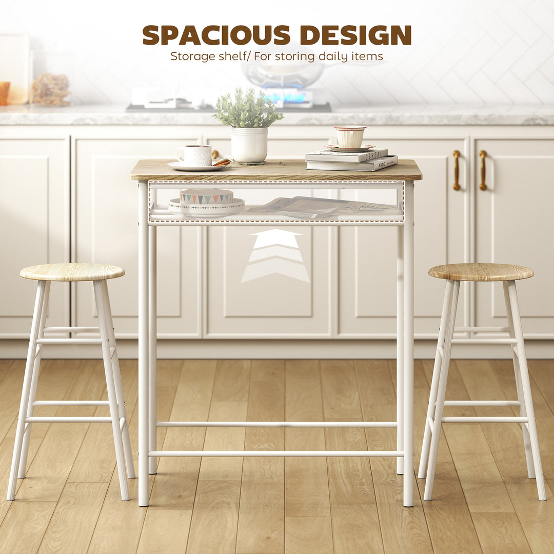 HOMCOM 3 Piece Counter Height Bar Table Set with 1 Table, 2 Matching Stools, Dining Table Set with Storage Shelf and Metal Frame Footrest, Black and Oak