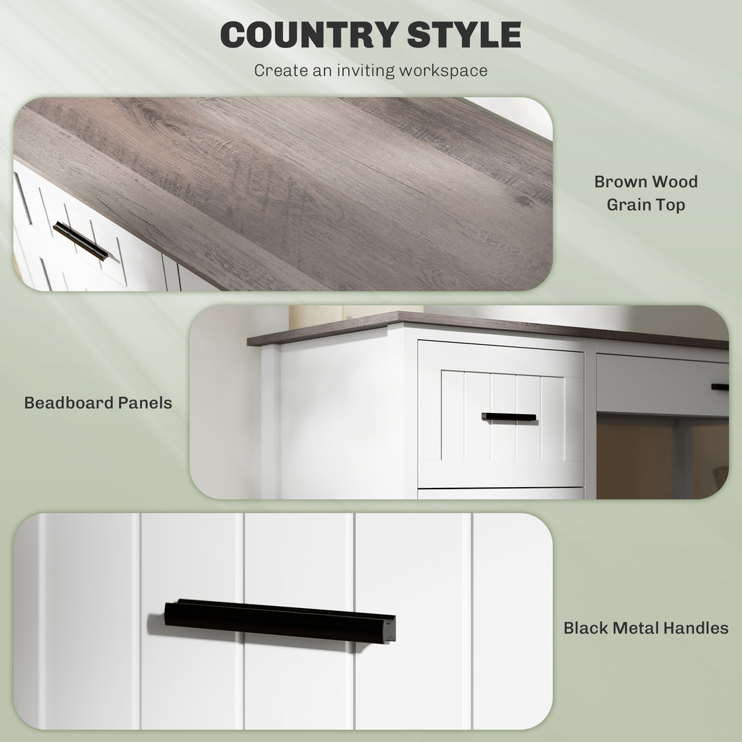 HOMCOM Computer Desk with 3 Drawers, Farmhouse Home Office Desk with File Drawer and Wood Grain Top for Small Spaces, White