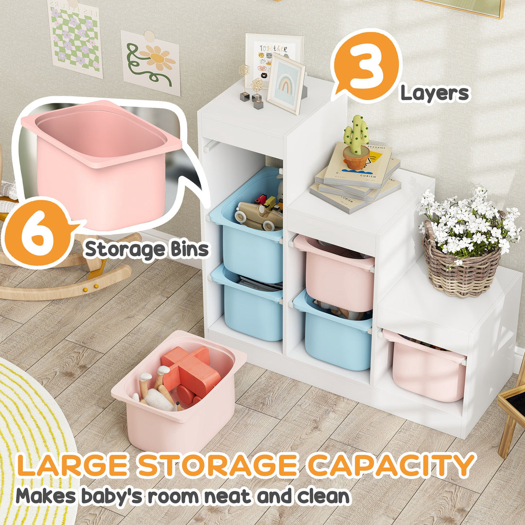Qaba 3 Layers Toy Storage Organizer Kids Bookshelf Children Toy Storage w/ 6 Plastic Bins, Grey