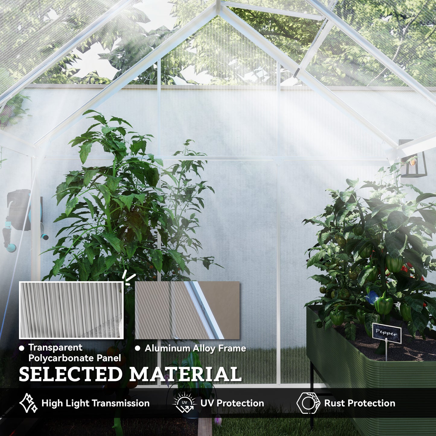 Outsunny 6' x 6' Walk-In Greenhouse, Polycarbonate Greenhouse with Sliding Door, Window, Aluminium Frame, Foundation, Silver