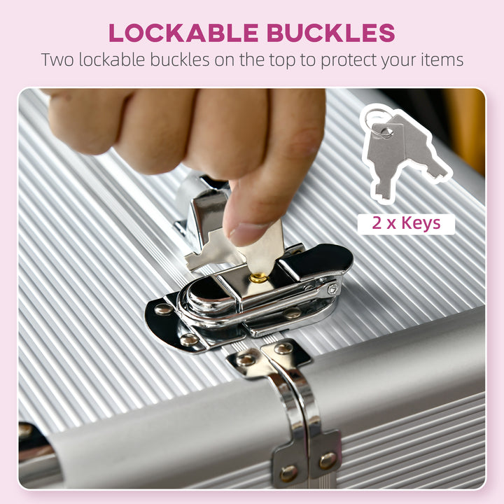 HOMCOM Rolling Makeup Case, Large Storage Cosmetic Trolley, Lockable Traveling Cart Trunk with Folding Trays, Swivel Wheels