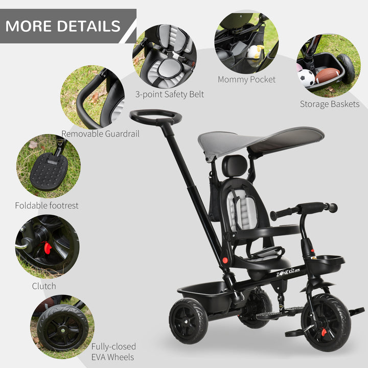 Qaba Kids Tricycle 4 In 1 Trike with Reversible Angle Adjustable Seat Removable Handle Canopy Handrail Belt Storage Footrest Brake Clutch for 1-5 Years Old Black