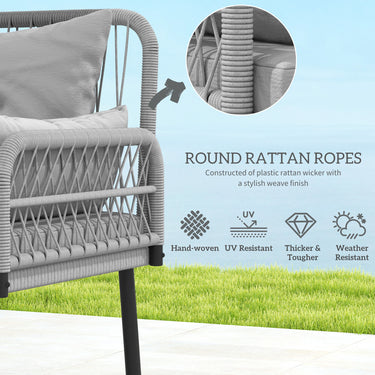 Outsunny 2 Pieces Wicker Patio Furniture Set, Small Patio Seat with Outdoor Loveseat, Glass Top Table and Cushions, Light Grey