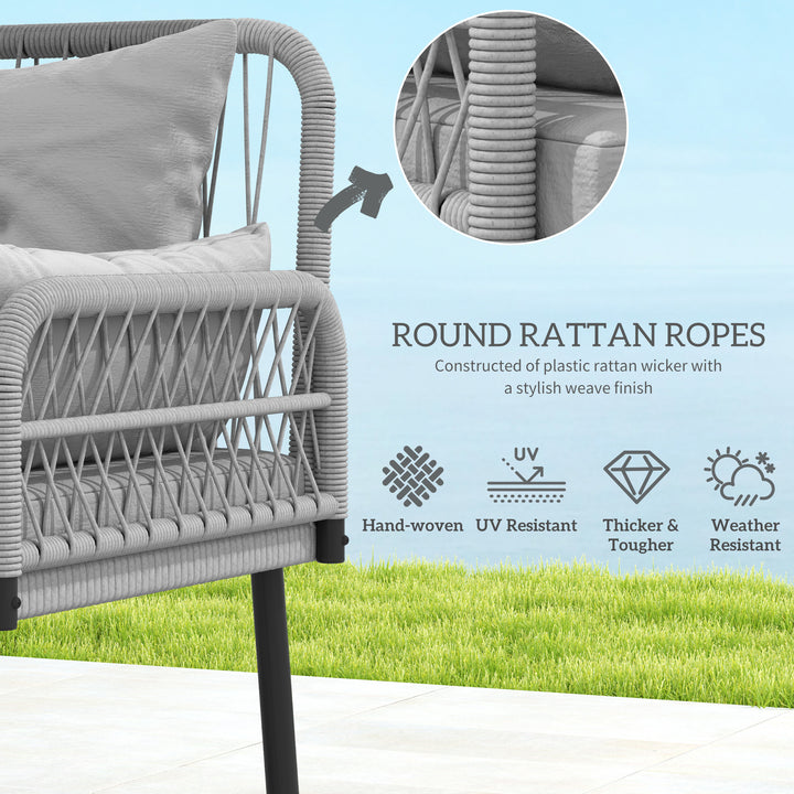 Outsunny 2 Pieces Wicker Patio Furniture Set, Small Patio Seat with Outdoor Loveseat, Glass Top Table and Cushions, Light Grey