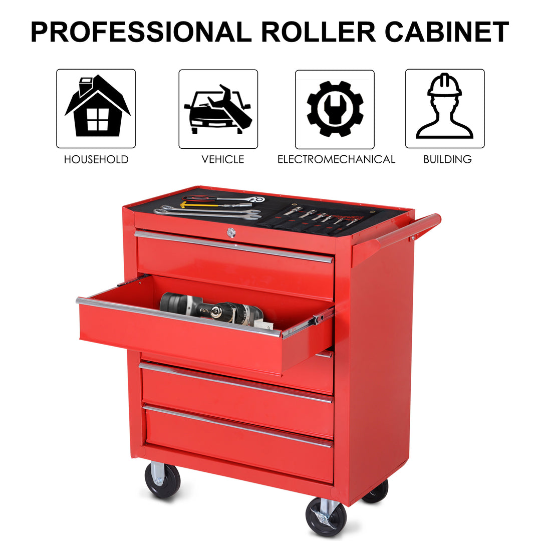 HOMCOM 5 Drawer Roller Tool Chest, Mobile Lockable Toolbox, Storage Organizer with Handle for Workshop Mechanics Garage, Red