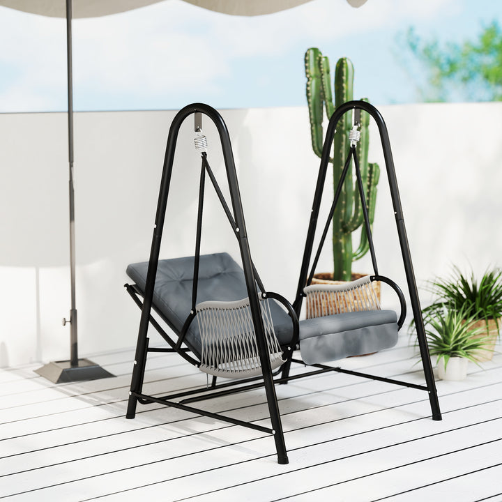 Outsunny Rattan Hammock Chair with Stand Included, Hanging Swing Chair with Stand and Seat Cushion, Light Grey