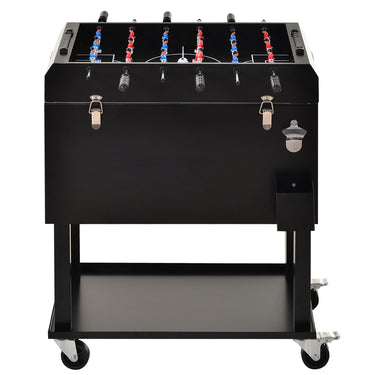 Outsunny 68QT Patio Cooler Ice Chest with Foosball Table Top, Portable Poolside Party Bar Cold Drink Rolling Cart on Wheels with Tray Shelf Black
