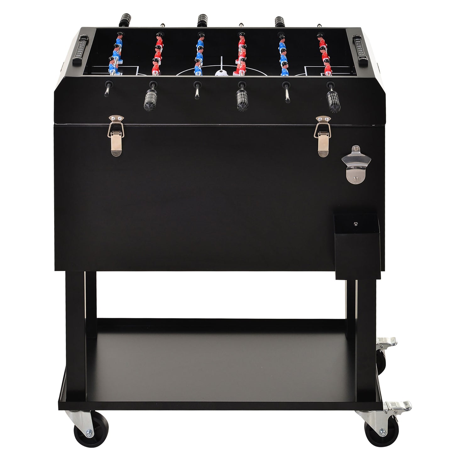 Outsunny 68QT Patio Cooler Ice Chest with Foosball Table Top, Portable Poolside Party Bar Cold Drink Rolling Cart on Wheels with Tray Shelf Black