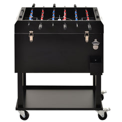Outsunny 68QT Patio Cooler Ice Chest with Foosball Table Top, Portable Poolside Party Bar Cold Drink Rolling Cart on Wheels with Tray Shelf Black