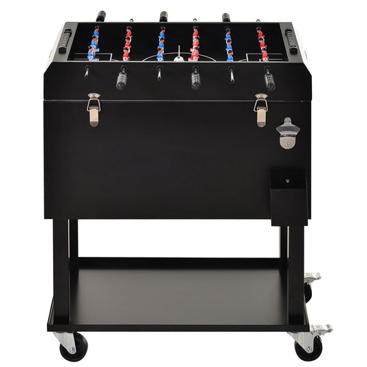Outsunny 68QT Patio Cooler Ice Chest with Foosball Table Top, Portable Poolside Party Bar Cold Drink Rolling Cart on Wheels with Tray Shelf Black