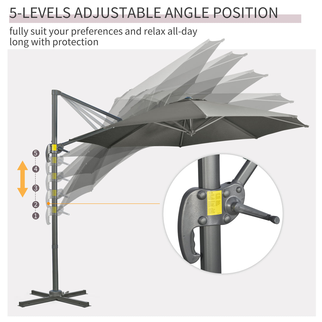 Outsunny 9.6' Cantilever Patio Umbrella Outdoor Hanging Offset Umbrella, Cross Base, 360° Rotation Aluminum Poles, Grey