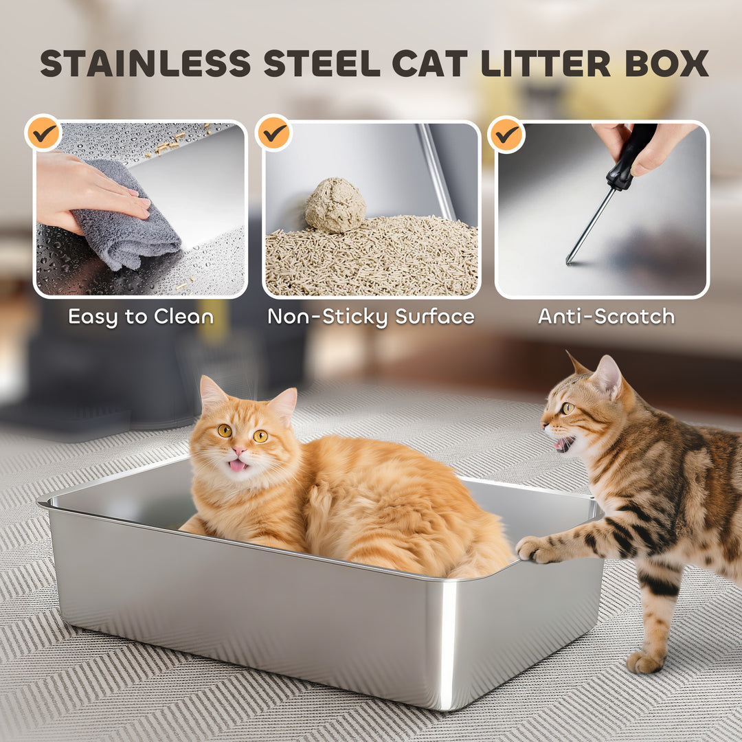 PawHut 80L XL Stainless Steel Cat Litter Box for Big Cats with Flip Cover, Pull-Out Drawer Tray, High Sided, Pedal, Light Grey