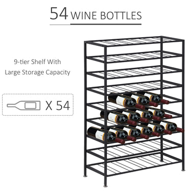 HOMCOM 9-Tier Metal Wine Bottle Rack 54 Bottles Freestanding Wine Storage Holder Home Bar Wine Display Stand Cellar Bottle Organizer Black