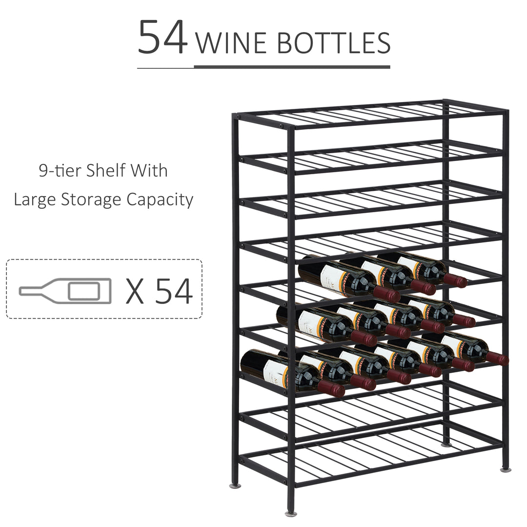 HOMCOM 9-Tier Metal Wine Bottle Rack 54 Bottles Freestanding Wine Storage Holder Home Bar Wine Display Stand Cellar Bottle Organizer Black