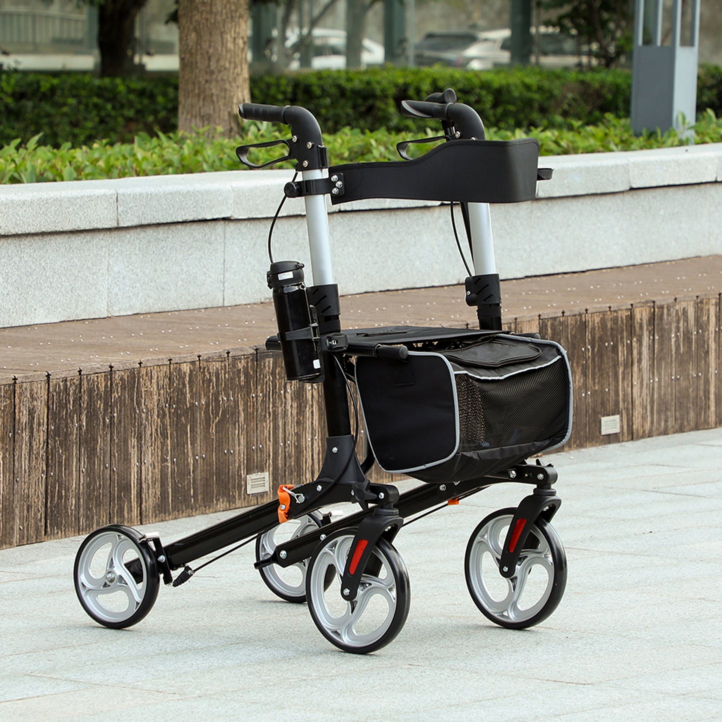 HOMCOM Lightweight Folding Rolling Walker with Large Seat, Back, Adjustable Handle, Bag, Dual Brake, Cane Holder, Red