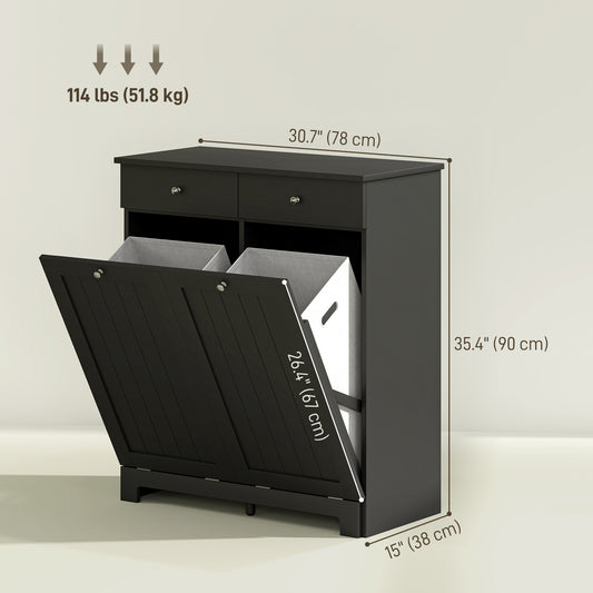 HOMCOM Laundry Cabinet, Tilt Out Laundry Hamper Cabinet with 2 Baskets, Bathroom Hamper Cabinet with 2 Drawers, Black