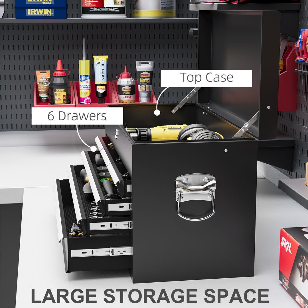 HOMCOM 6 Drawer 24" Portable Tool Box with Top Case, Ball Bearing Slides, Metal Tool Chest for Garage, Household and Warehouse