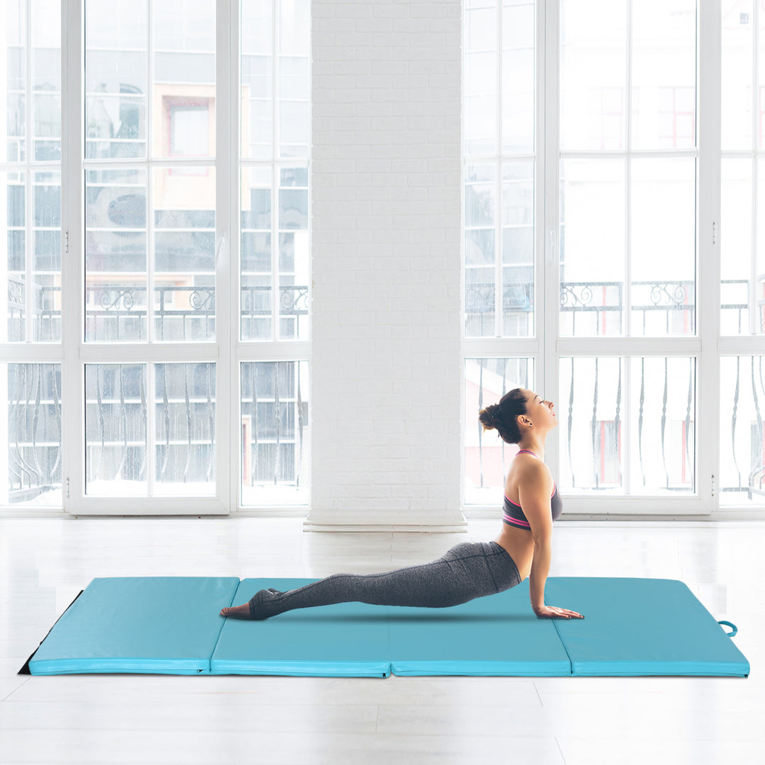 Soozier 4'x8'x2" Folding Gymnastics Tumbling Mat, Exercise Mat with Carrying Handles for Yoga, MMA, Martial Arts, Stretching, Core Workouts, Light Blue