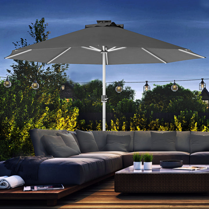 Outsunny LED Patio Umbrella, Lighted Deck Umbrella with 4 Lighting Modes, Solar & USB Charging, Charcoal Grey