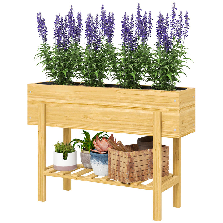 Outsunny Raised Garden Bed with Legs, Elevated Box Planter with Storage Shelf, Bed Liner for Backyard Patio, Natural Wood