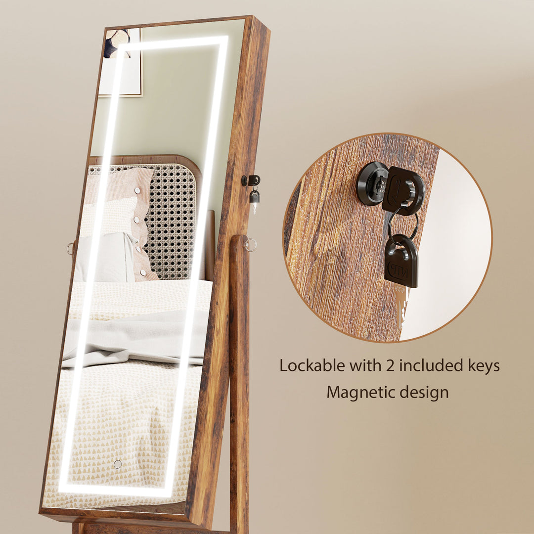 HOMCOM Lockable Jewellery Armoire with LED Light, Standing Mirror with Storage for Bedroom Dressing Room, Rustic Brown