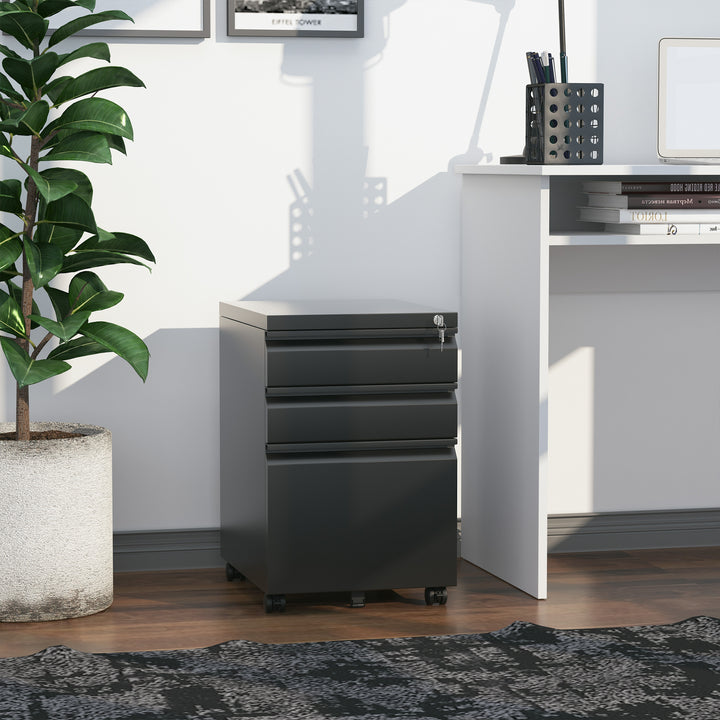 Vinsetto 3 Drawer Filing Cabinet, Lockable Office Storage Cabinet on Wheels for Legal, Letter, A4 Files, Black