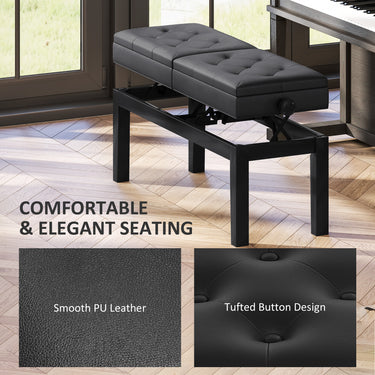 HOMCOM Piano Bench with Storage, Height Adjustable Piano Stool, PU Leather Tufted Keyboard Seat, Black
