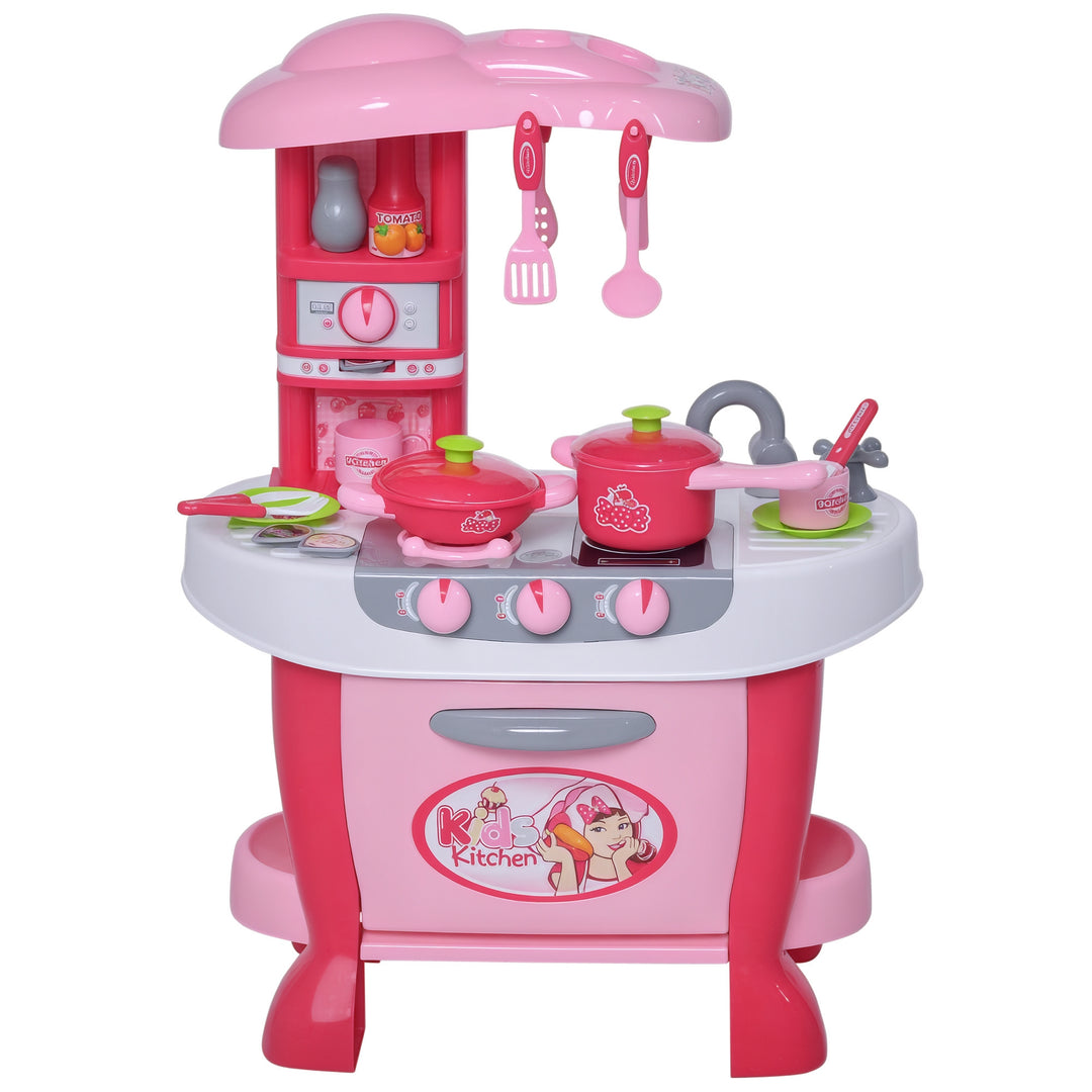 Qaba Kids Kitchen Set Kitchen Playset Pretend Toy Children Role Play Game Toy with Light & Sound Function  38Pcs Toy Accessories - Pink