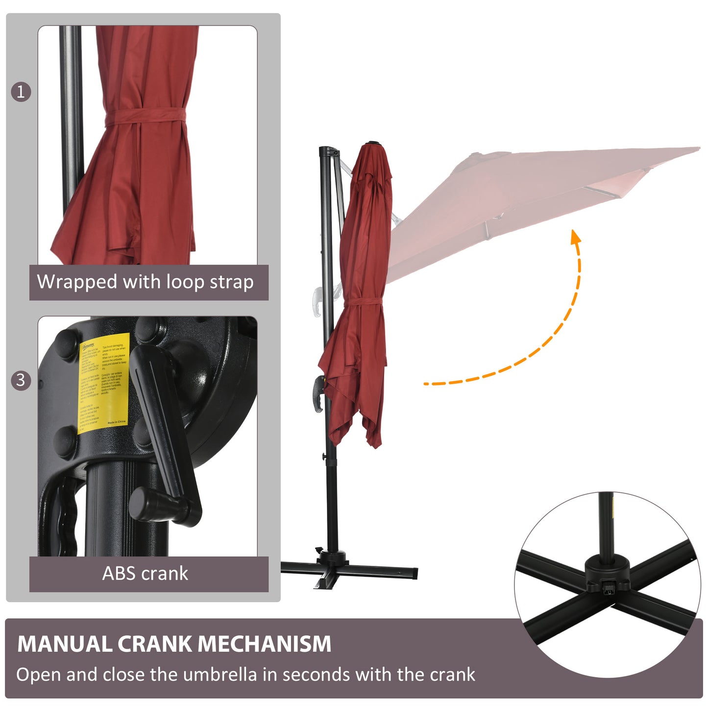 Outsunny 8' x 8' Square Patio Hanging Offset Umbrella with 360Â° Rotation, Aluminum Outdoor Cantilever Parasol with Crank & Tilt, Sun Canopy Shelter with Cross Base, Wine Red