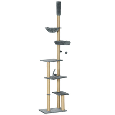 PawHut Floor to Ceiling Cat Tree, 90.5" - 98.5" Cat TowerÂ with Scratching Post, Dangling Balls, Platforms, Bed, Hammock, Grey