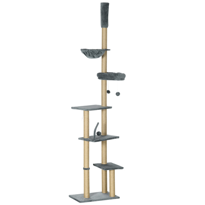 PawHut Floor to Ceiling Cat Tree, 90.5" - 98.5" Cat Tower with Scratching Post, Dangling Balls, Platforms, Bed, Hammock, Grey