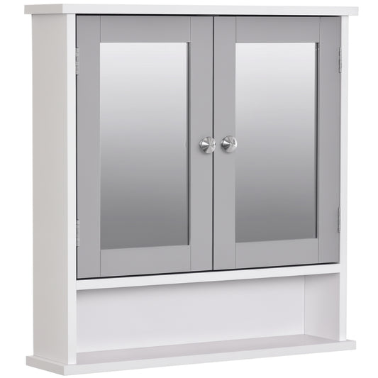 kleankin Medicine Cabinet, Wall-Mounted Bathroom Mirror Cabinet with Double Doors, Open Shelf, and Adjustable Shelf, Modern Bathroom Wall Cabinet, White and Grey